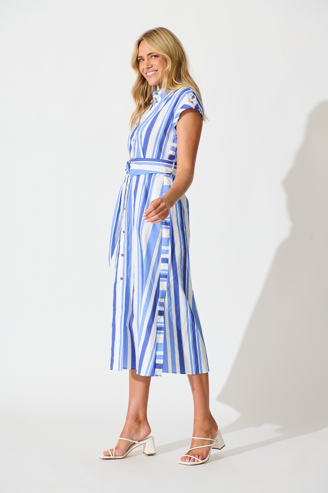 Olvera Midi Shirt Dress in Blue Stripe Cotton