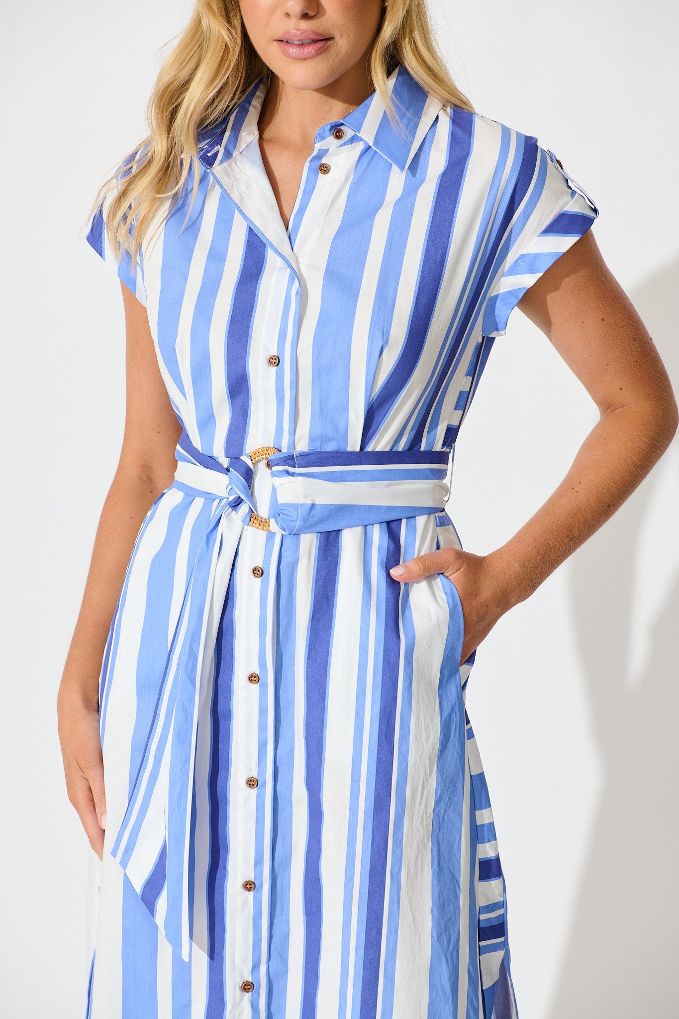 Olvera Midi Shirt Dress in Blue Stripe Cotton