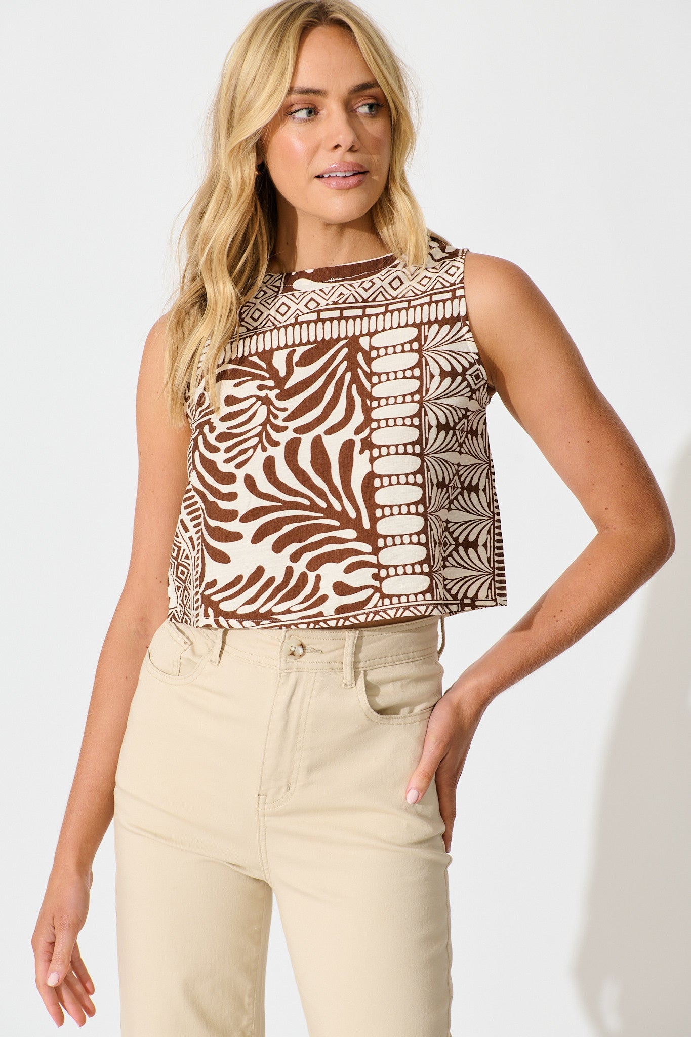 Leona Top in Chocolate and Cream Tile Print