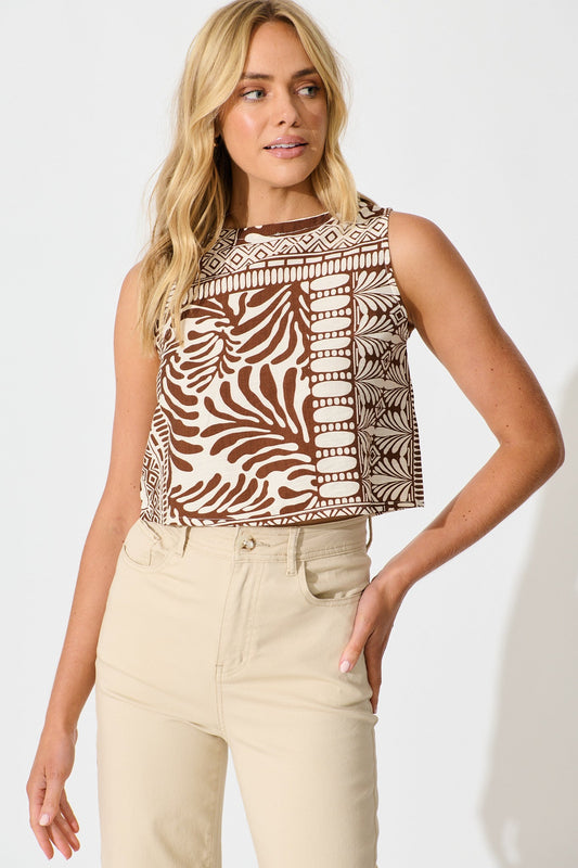 Leona Top in Chocolate and Cream Tile Print