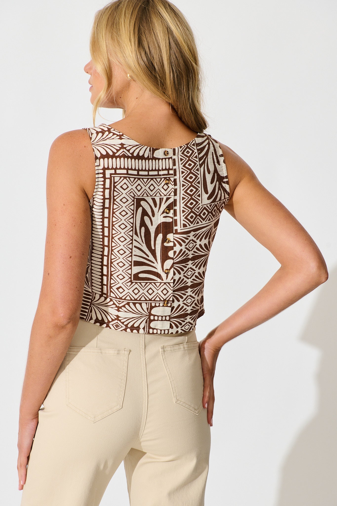 Leona Top in Chocolate and Cream Tile Print