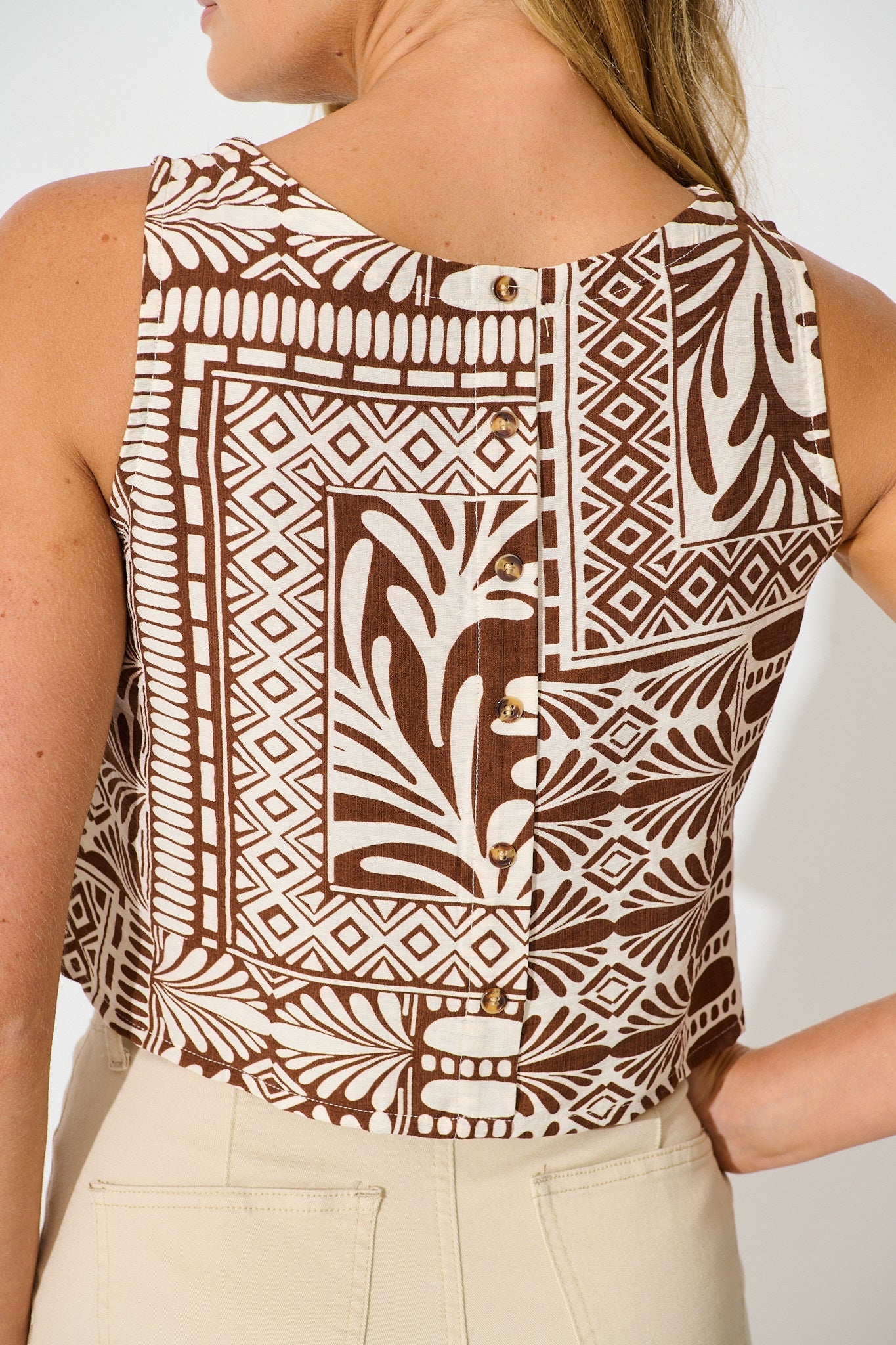 Leona Top in Chocolate and Cream Tile Print