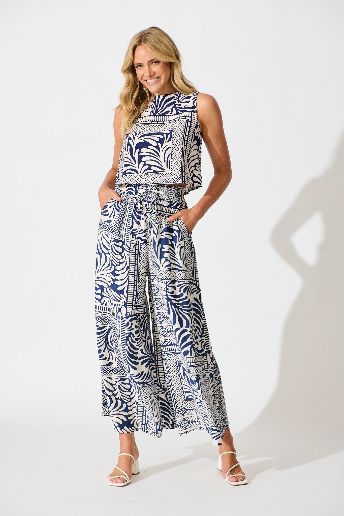 Leona Top in Navy and Cream Tile Print