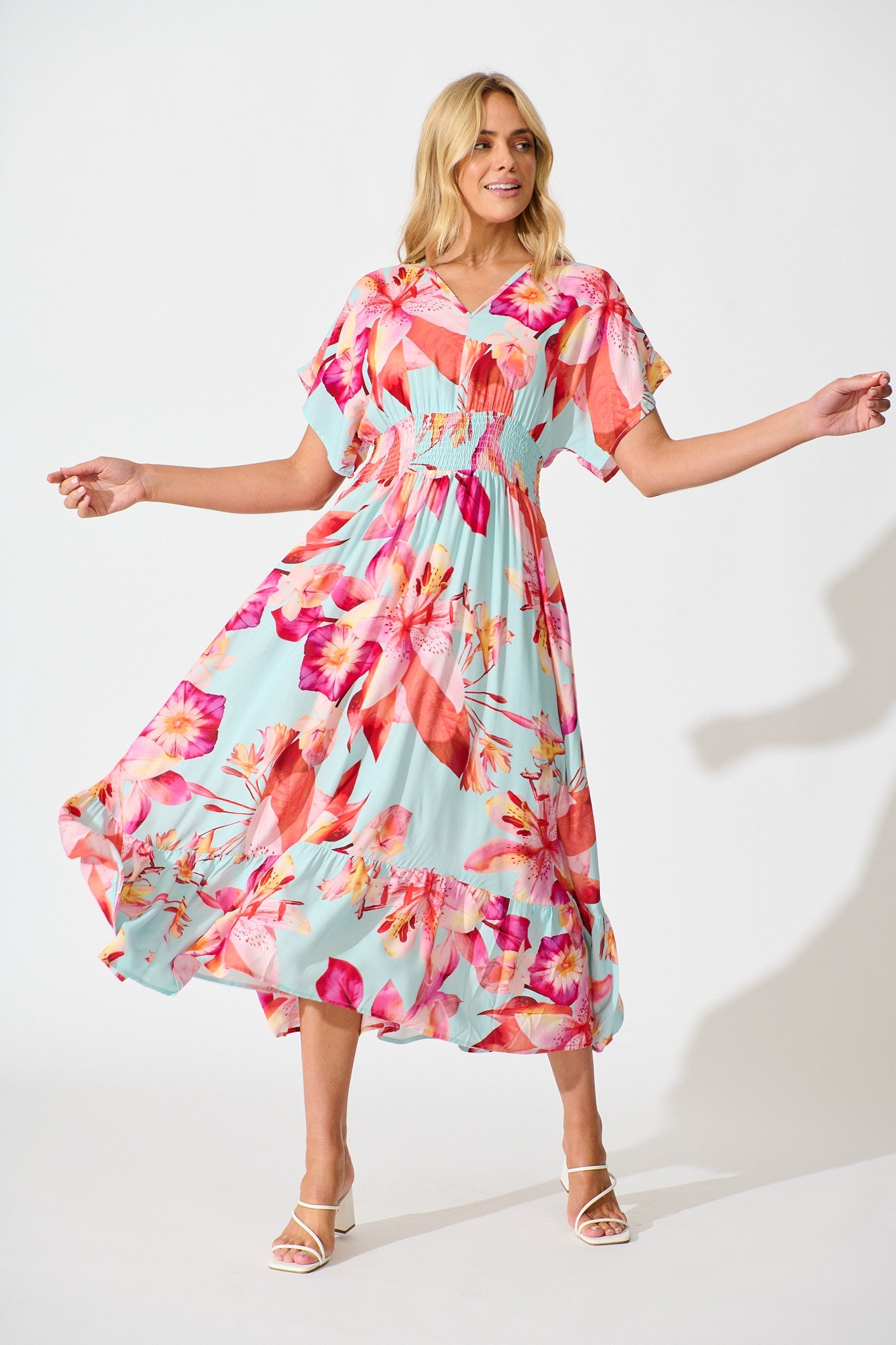 Nola Midi Dress in Blue with Pink Floral