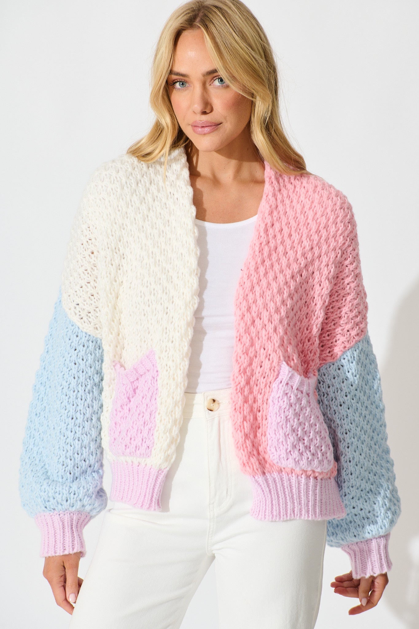 Mira Knit Cardigan In Pastel Multi Wool Blend