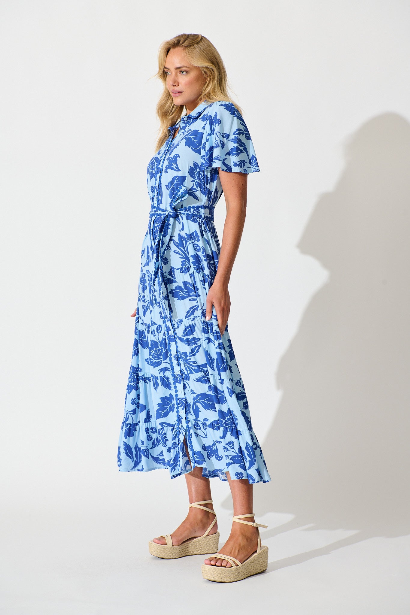 Roselle Maxi Shirt Dress in Blue Leaf Print