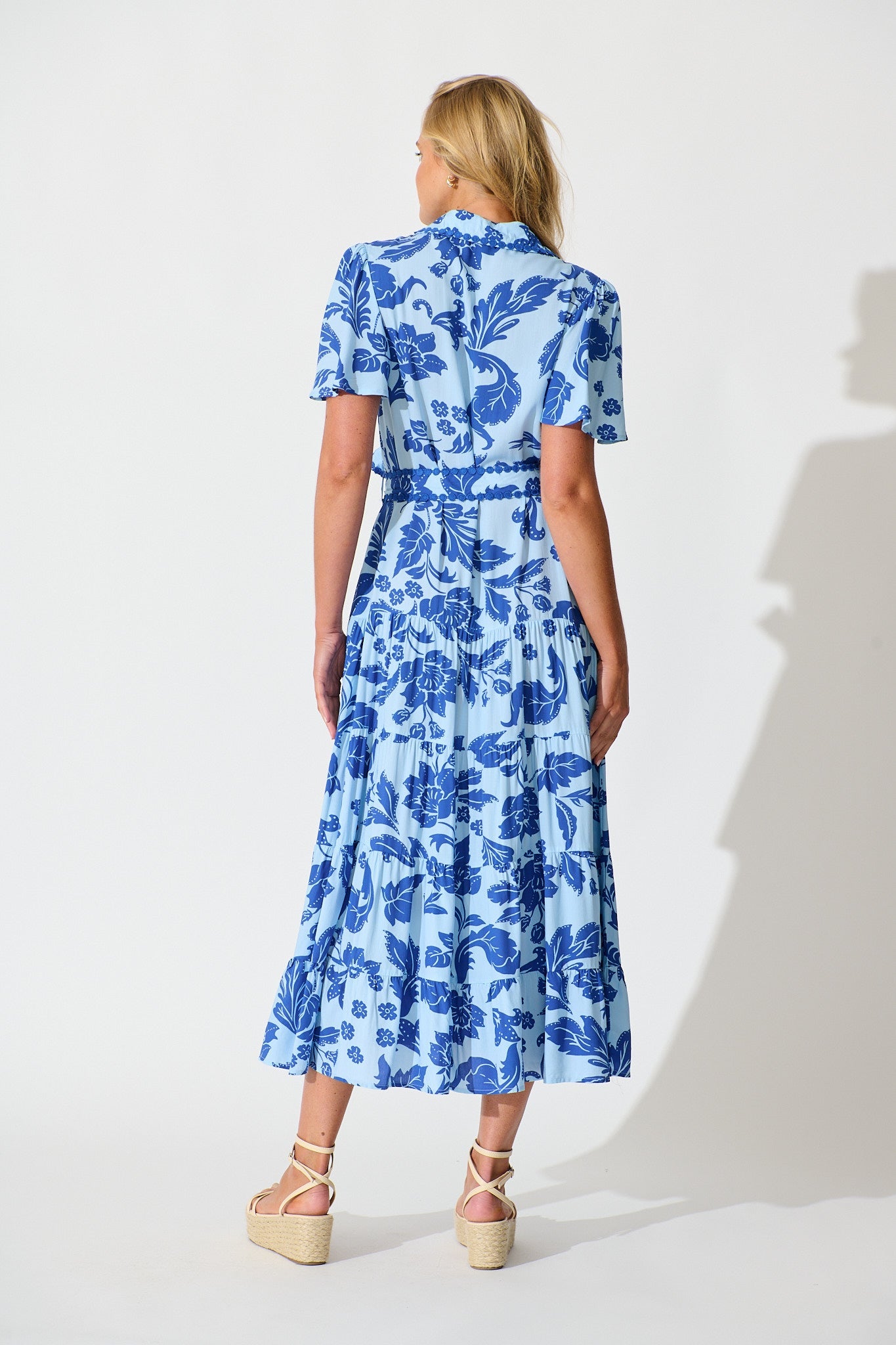 Roselle Maxi Shirt Dress in Blue Leaf Print