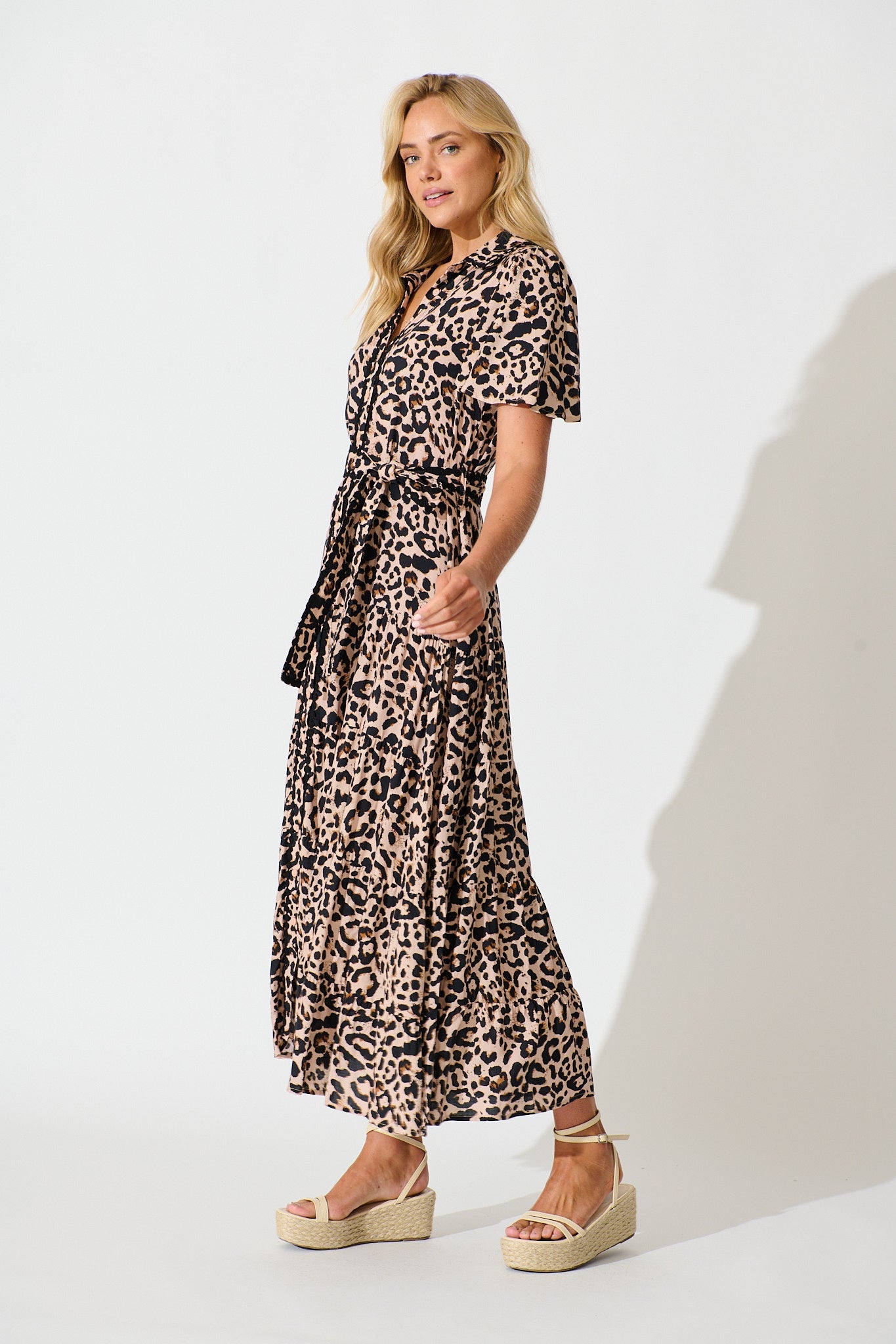 Roselle Maxi Shirt Dress in Brown Leopard Print
