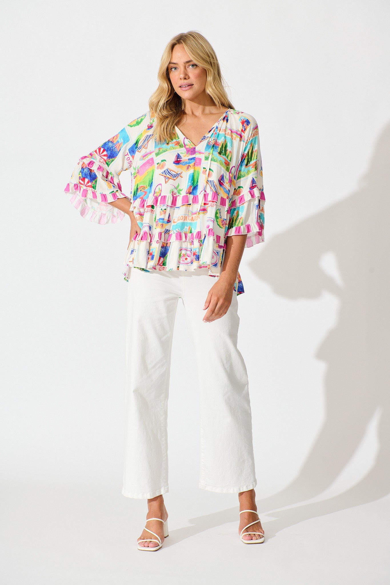 Rina Top in White With Bright Resort Print