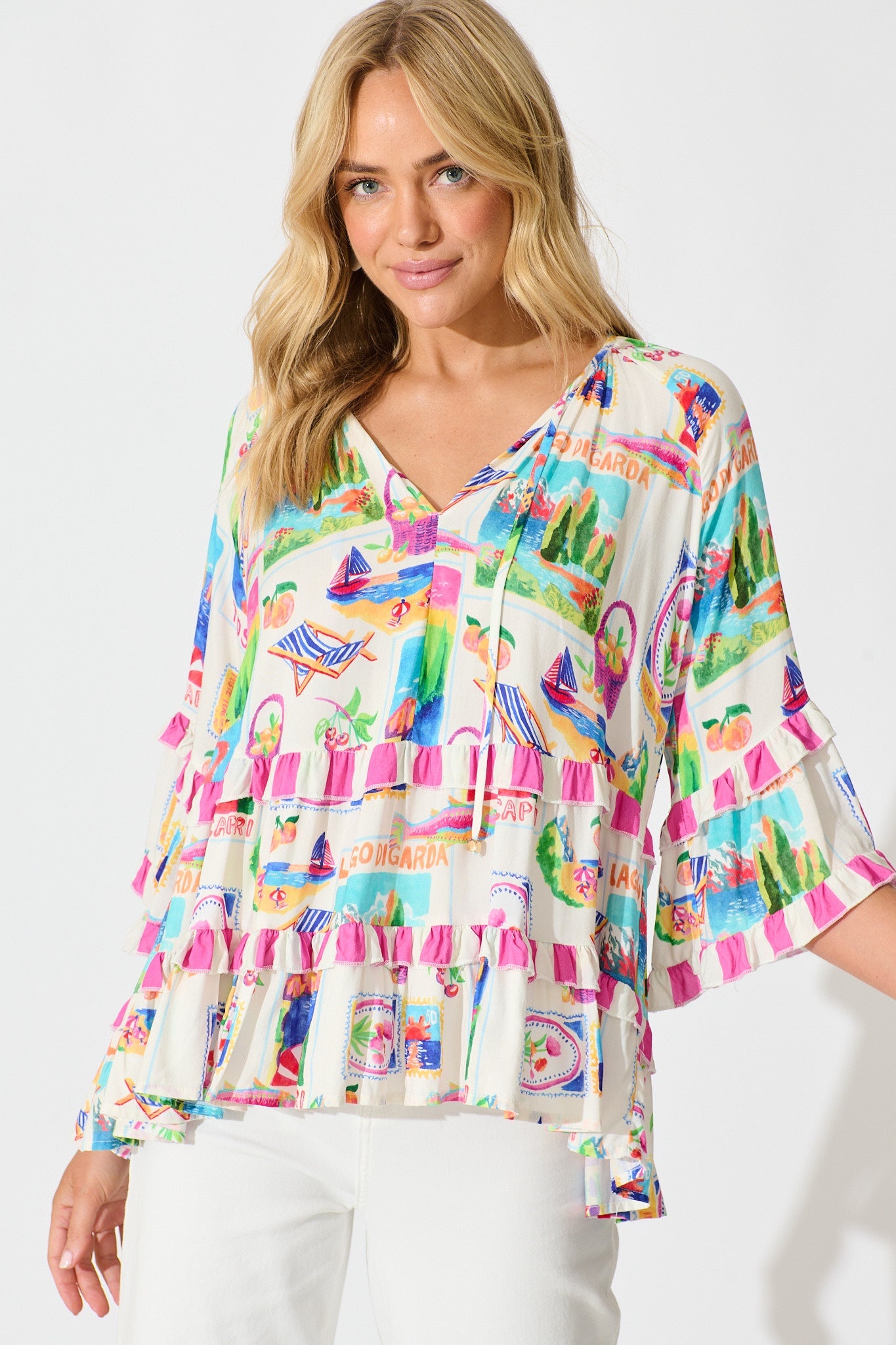 Rina Top in White With Bright Resort Print