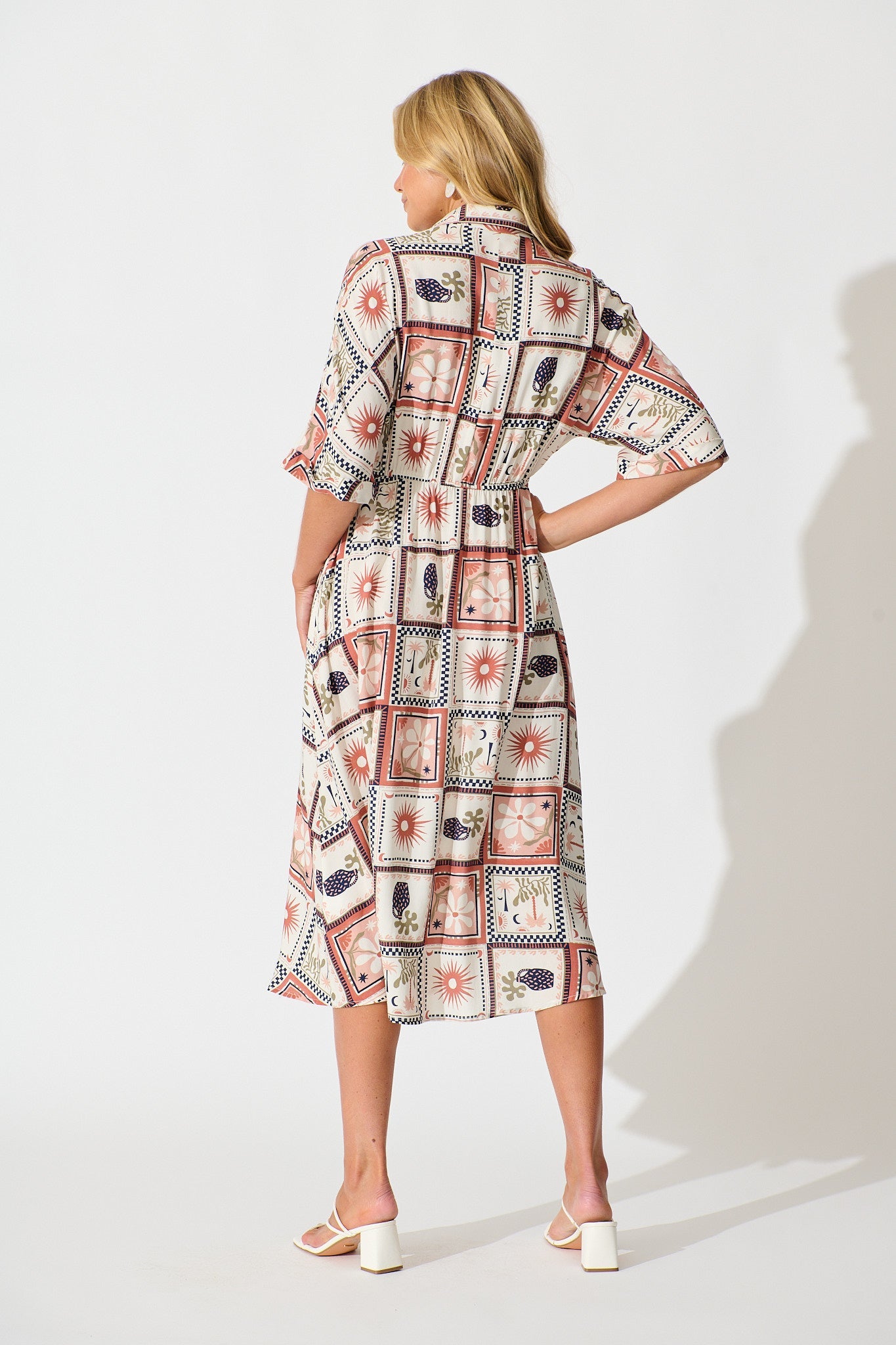 Charlotte Midi Shirt Dress In Cream With Rust Multi Patchwork Print