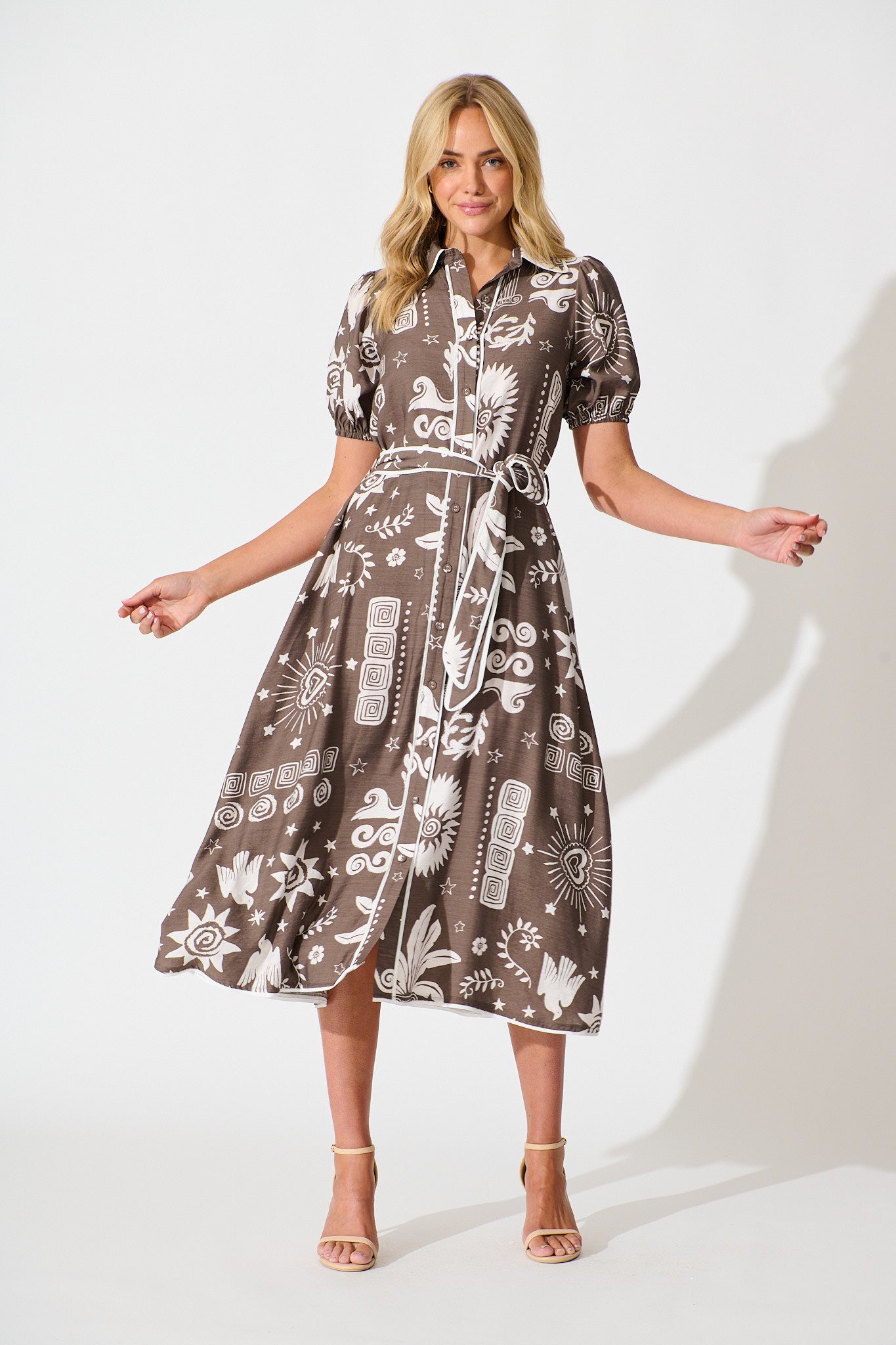Norah Midi Shirt Dress in Mocha and White print