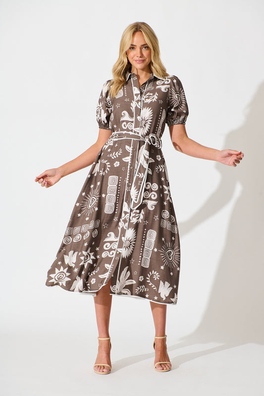 Norah Midi Shirt Dress in Mocha and White print