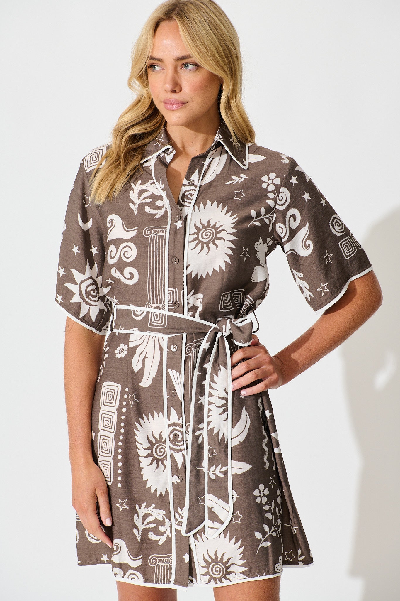 Lila Shirt Dress in Mocha and White print