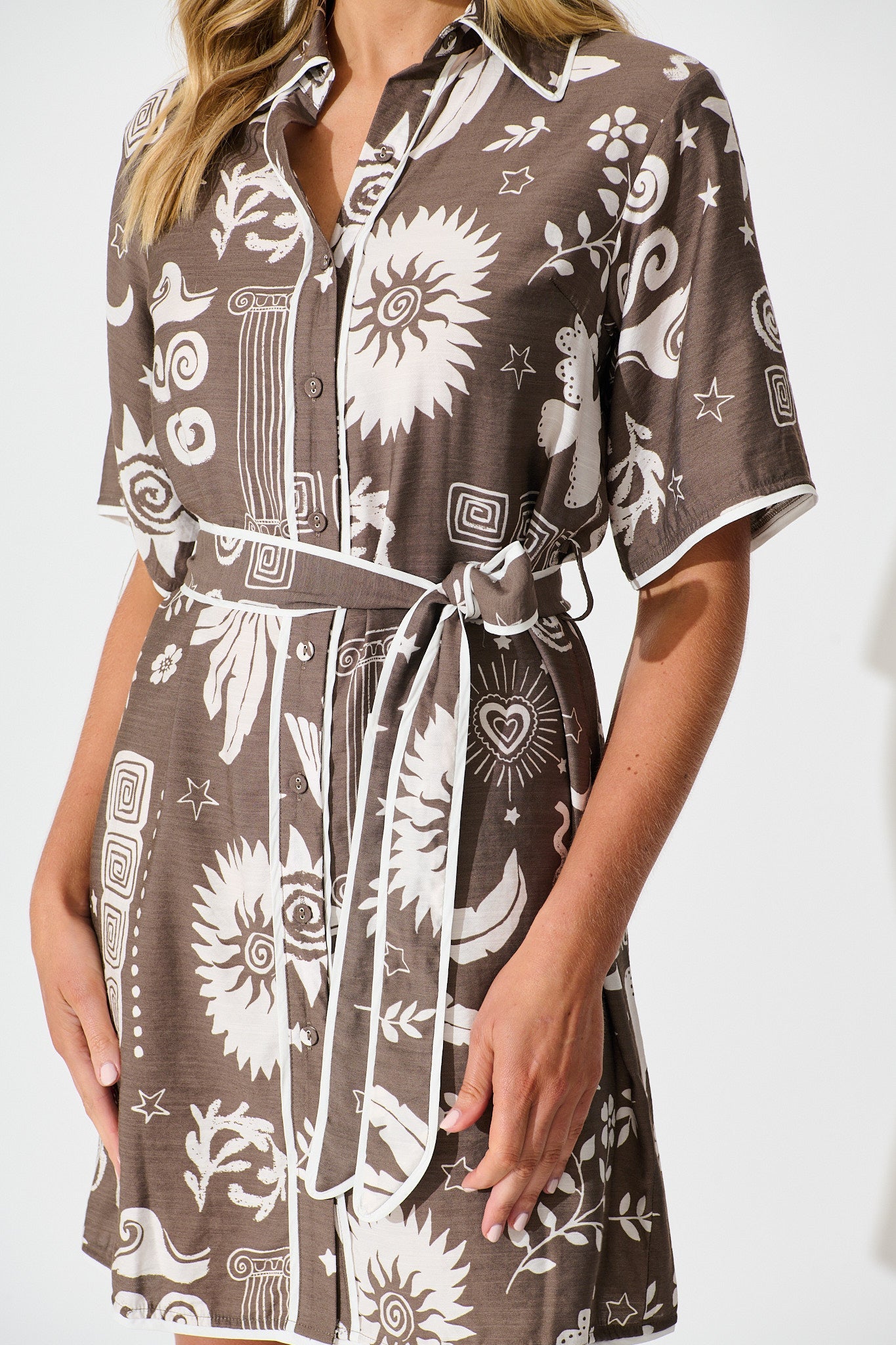 Lila Shirt Dress in Mocha and White print