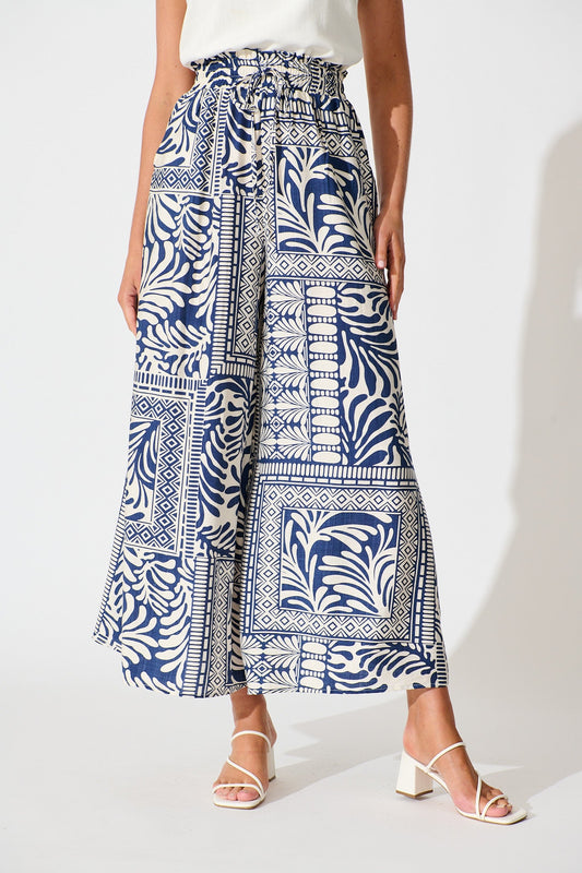 Goldie Wide Leg Pant in Navy and Cream Tile Print