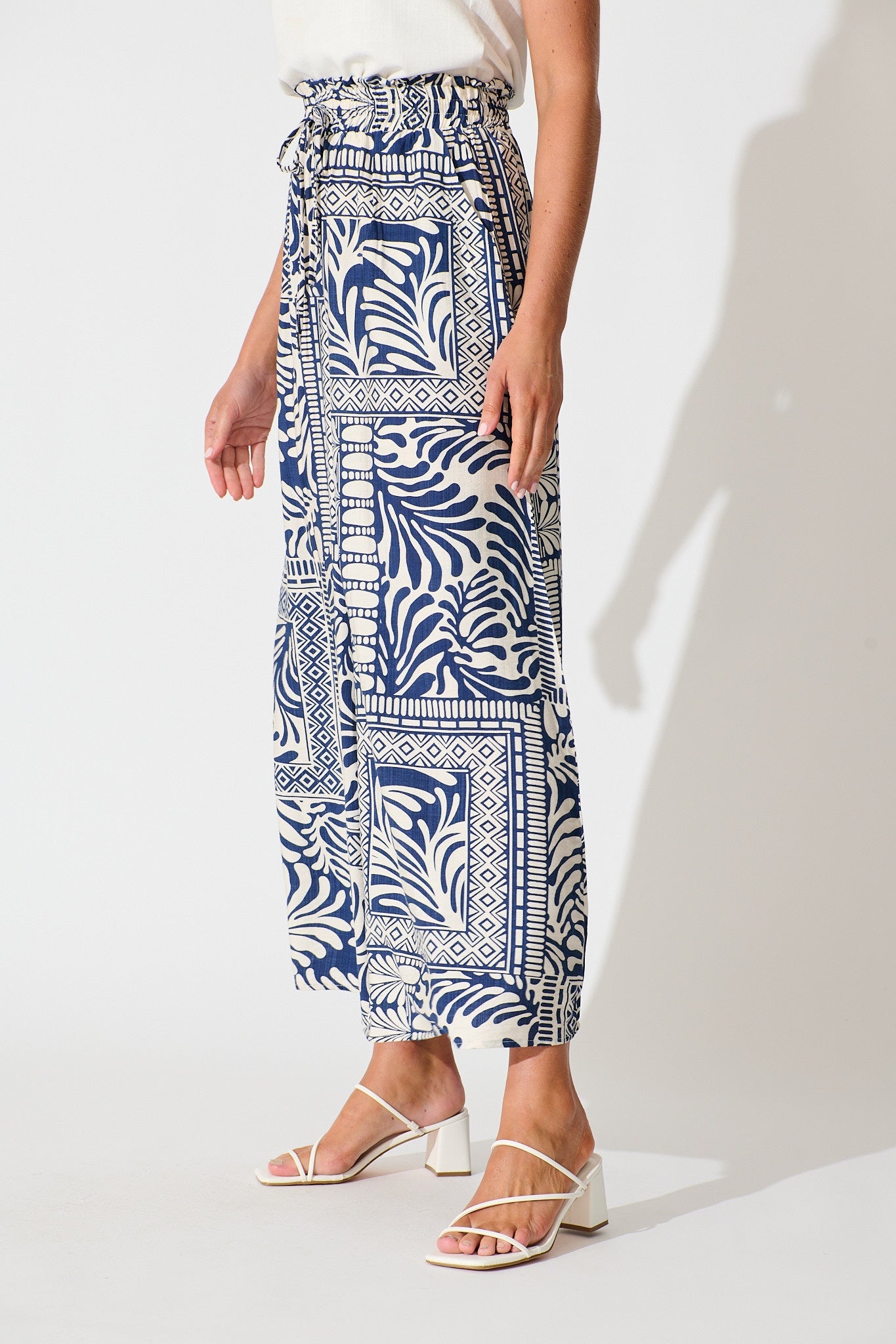 Goldie Wide Leg Pant in Navy and Cream Tile Print