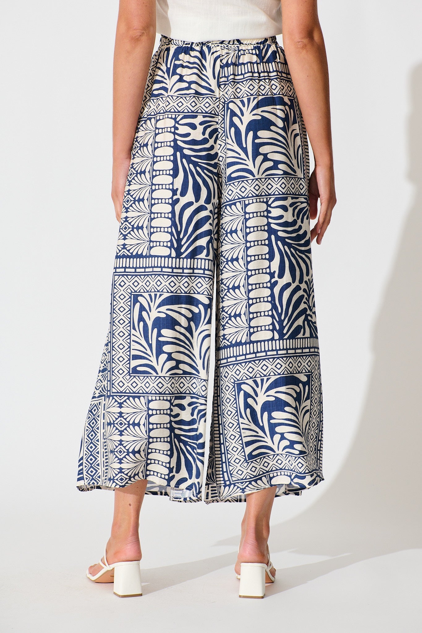 Goldie Wide Leg Pant in Navy and Cream Tile Print