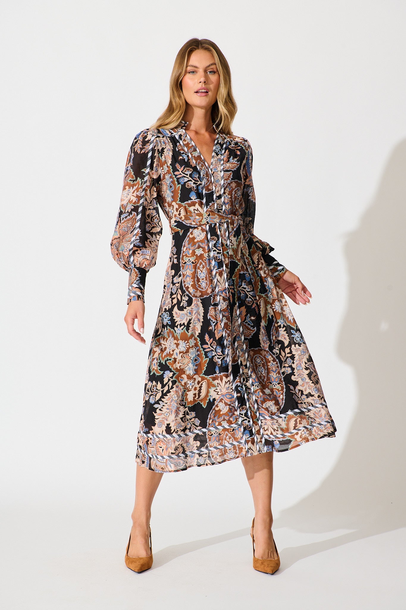 Darlington Midi Dress in Black Multi with Stripe Trim