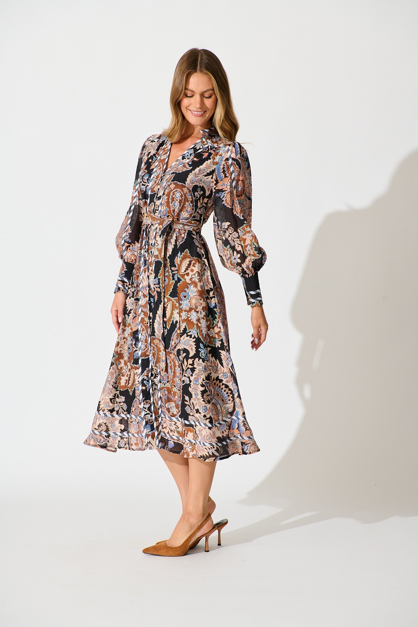 Darlington Midi Dress in Black Multi with Stripe Trim