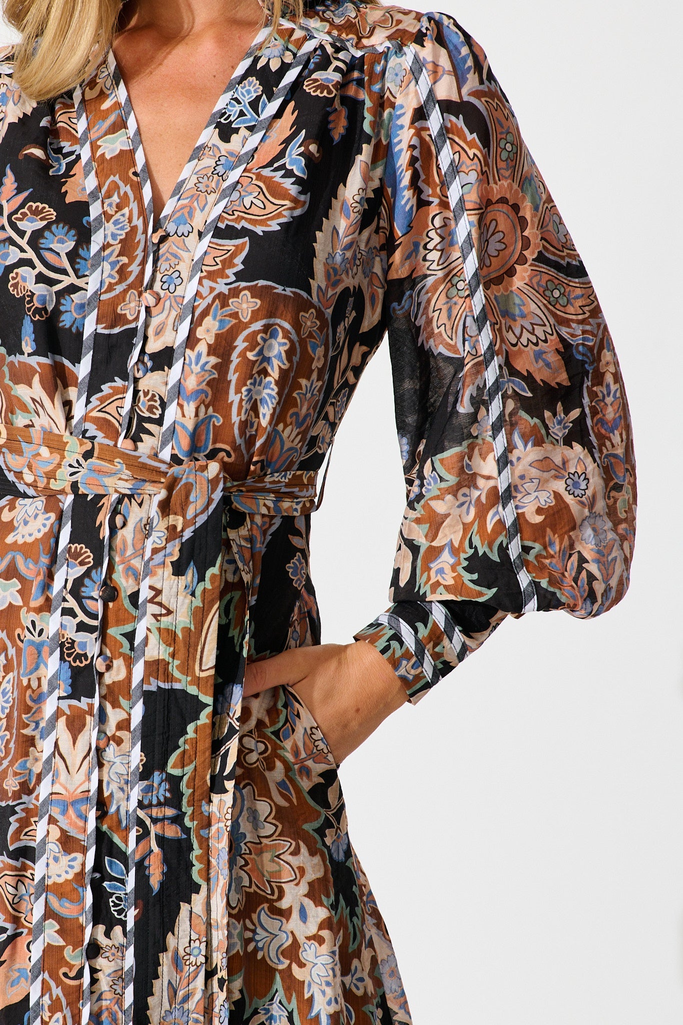 Darlington Midi Dress in Black Multi with Stripe Trim