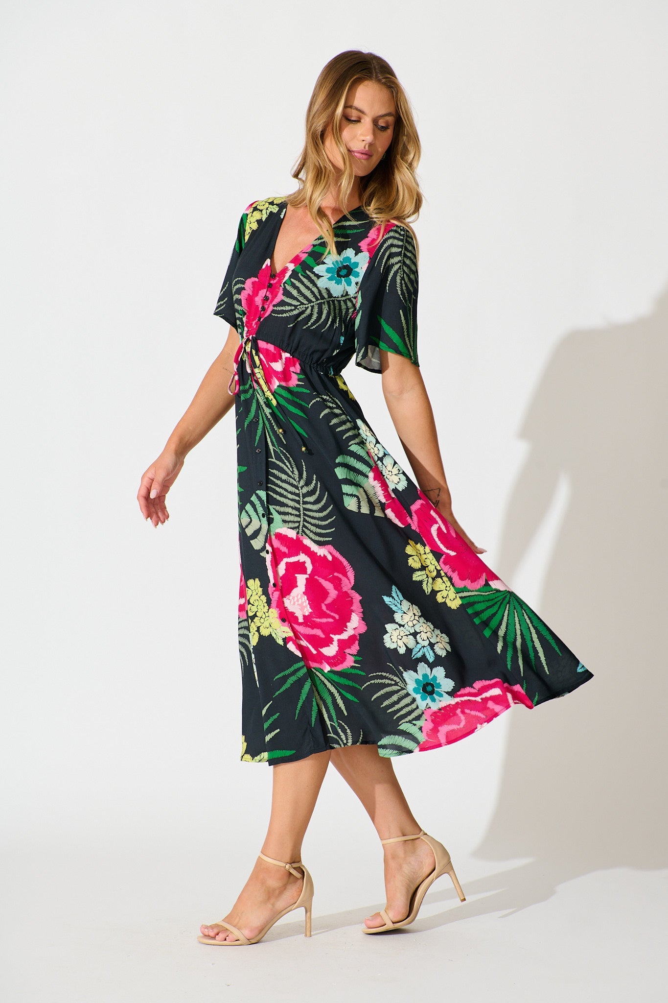 Melody Midi Dress In Black with Pink Floral