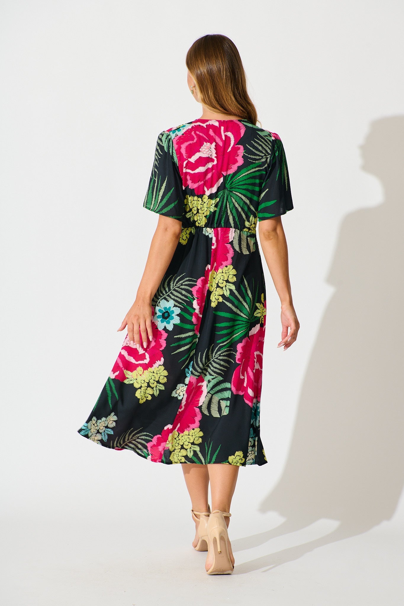 Melody Midi Dress In Black with Pink Floral