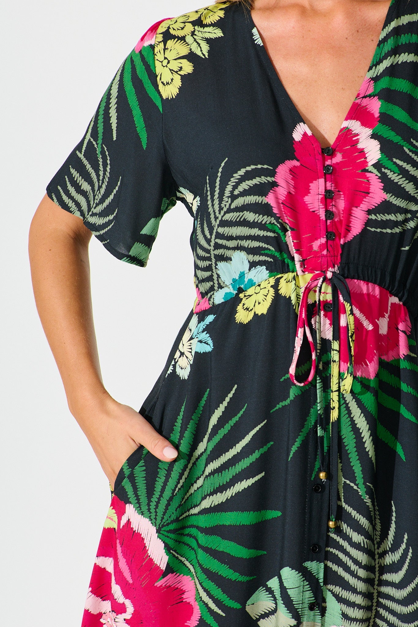 Melody Midi Dress In Black with Pink Floral