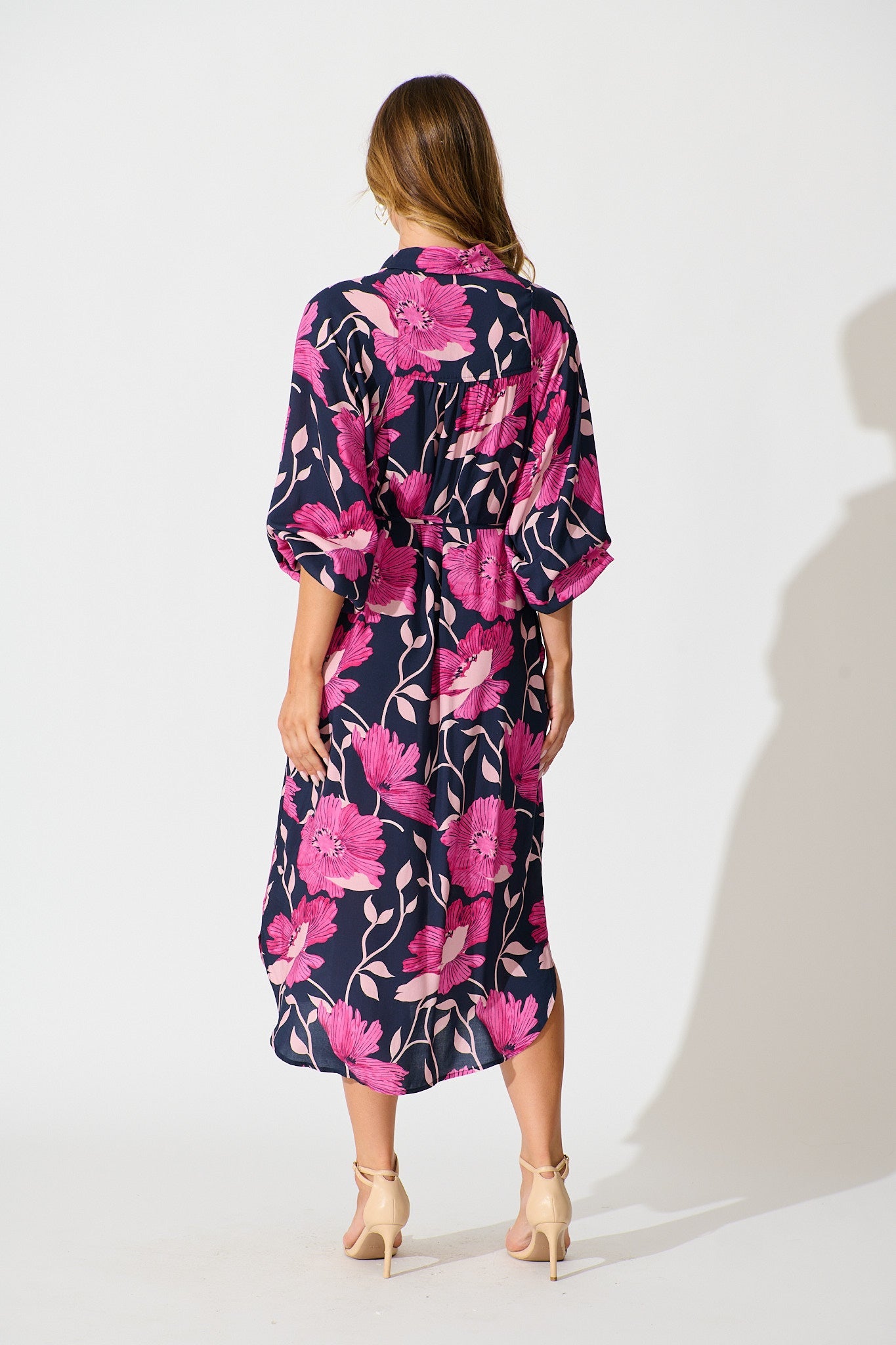 Sally Midi Shirt Dress In Navy with Pink Floral