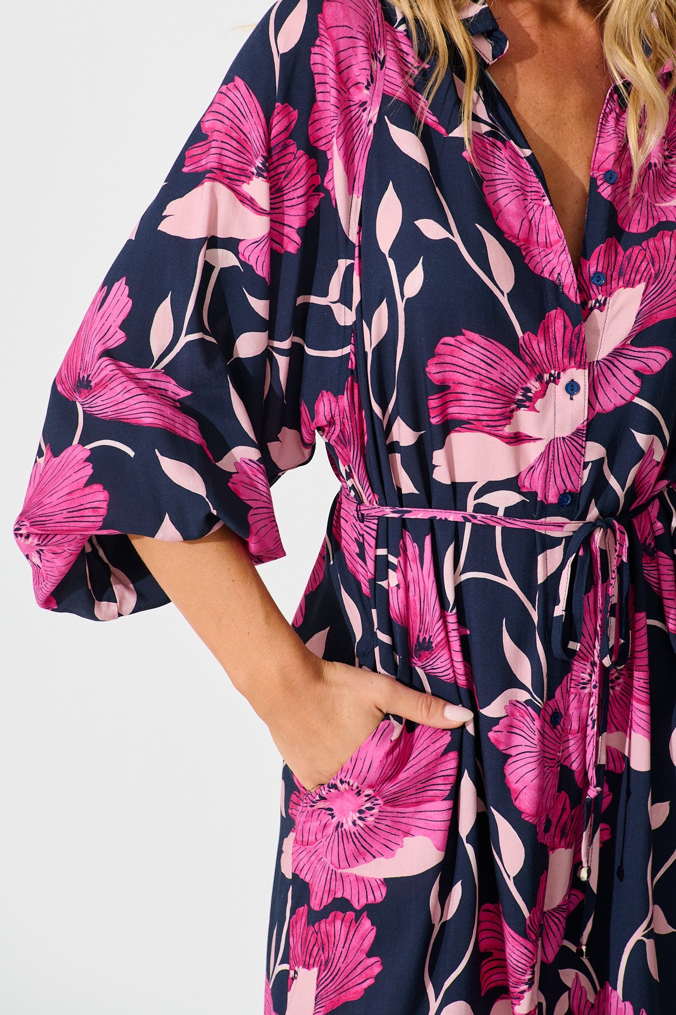 Sally Midi Shirt Dress In Navy with Pink Floral