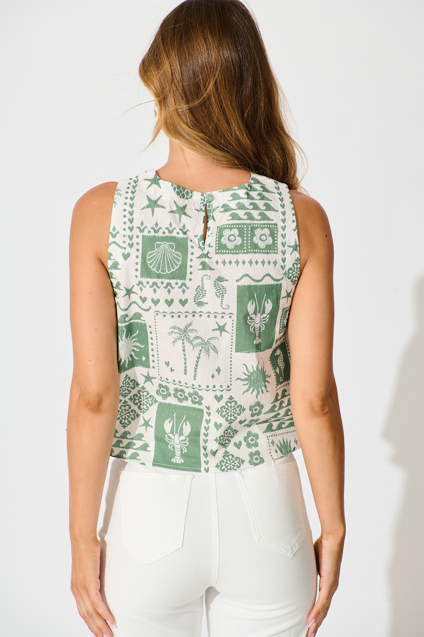 Vanya Top in Cream and Green Palm Print Cotton