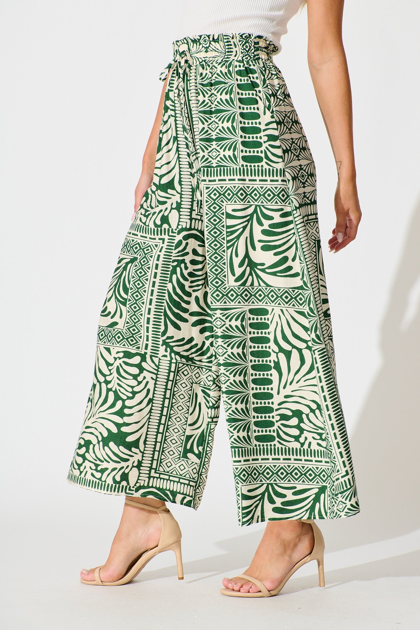 Goldie Wide Leg Pant in Green and Cream Tile Print