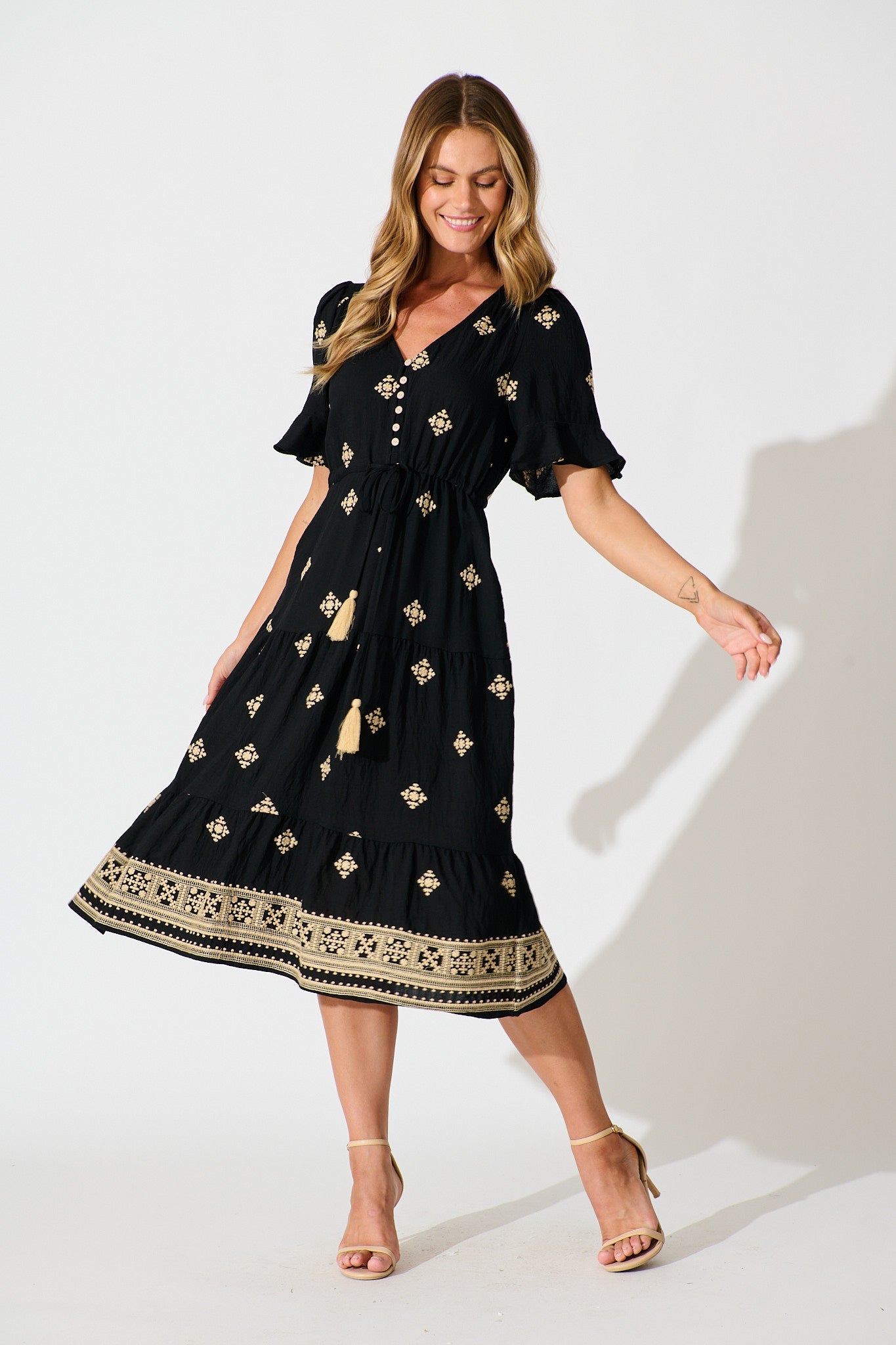 Lacie Midi Dress in Black with Beige Embroidery