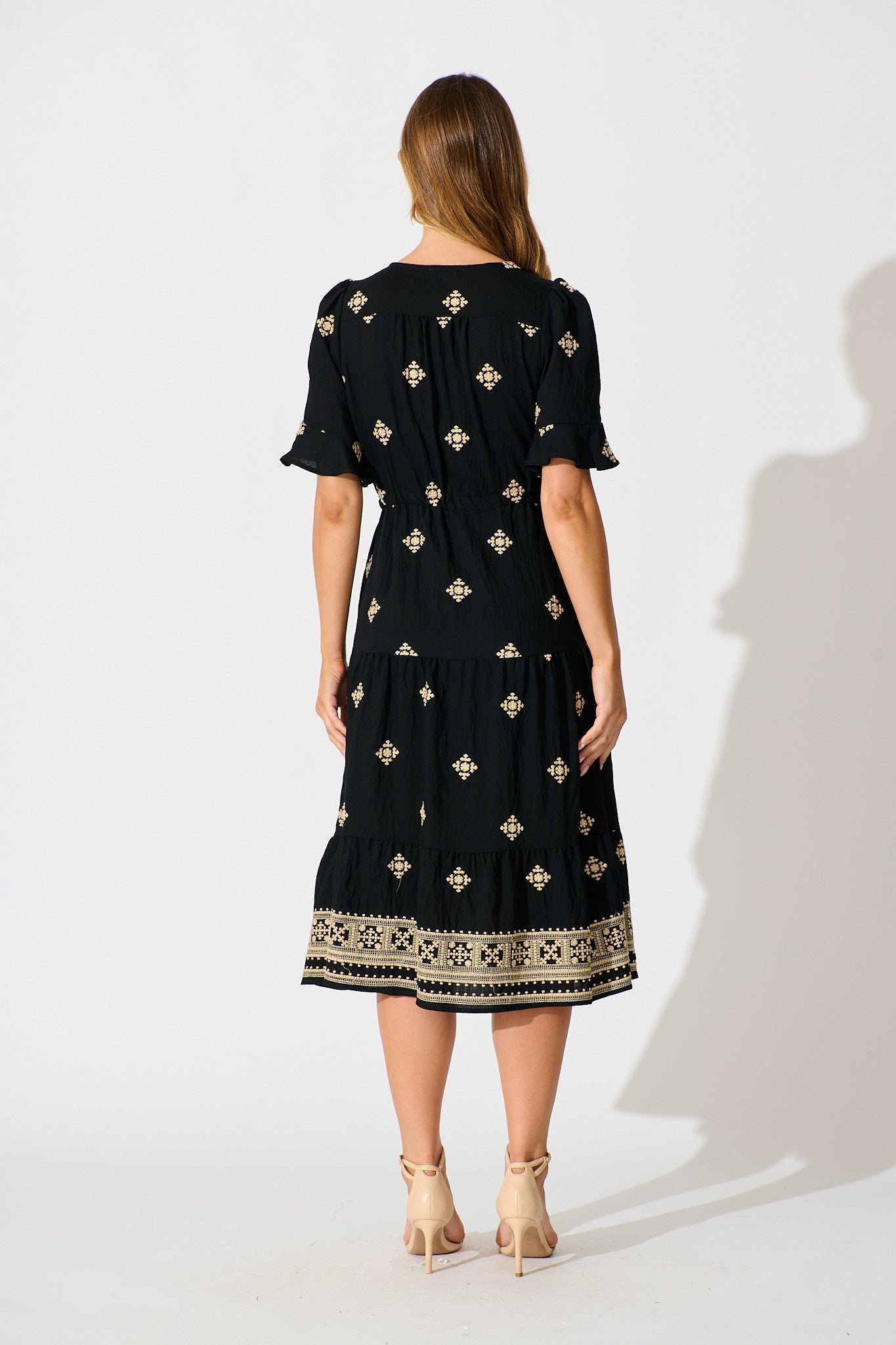 Lacie Midi Dress in Black with Beige Embroidery