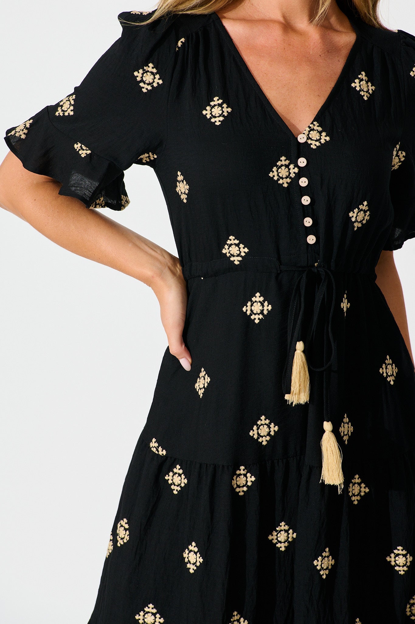 Lacie Midi Dress in Black with Beige Embroidery