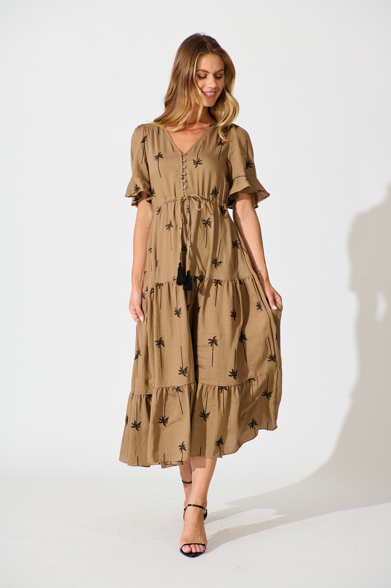 Dusk Midi Dress in Mocha with Palm Tree Embroidery