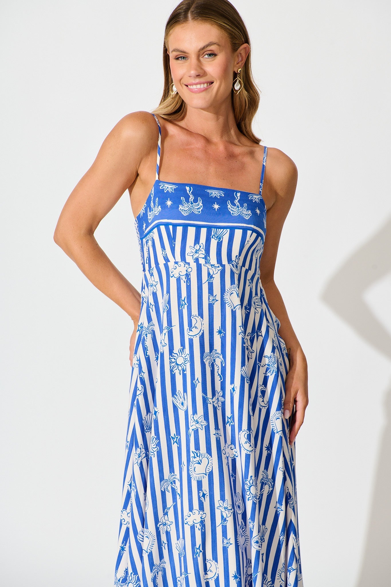 Willa Maxi Sundress in Blue and White Stripe Print