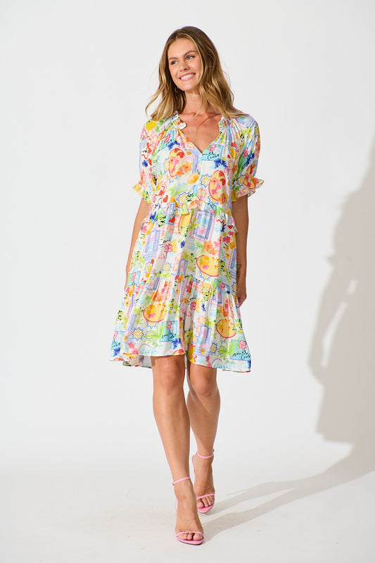 Pretty Please Smock Dress in White with Bright Multi Print