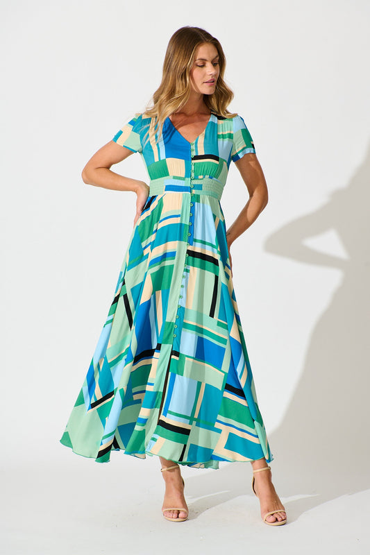 Mylee Maxi Dress in Blue with Green Geometric