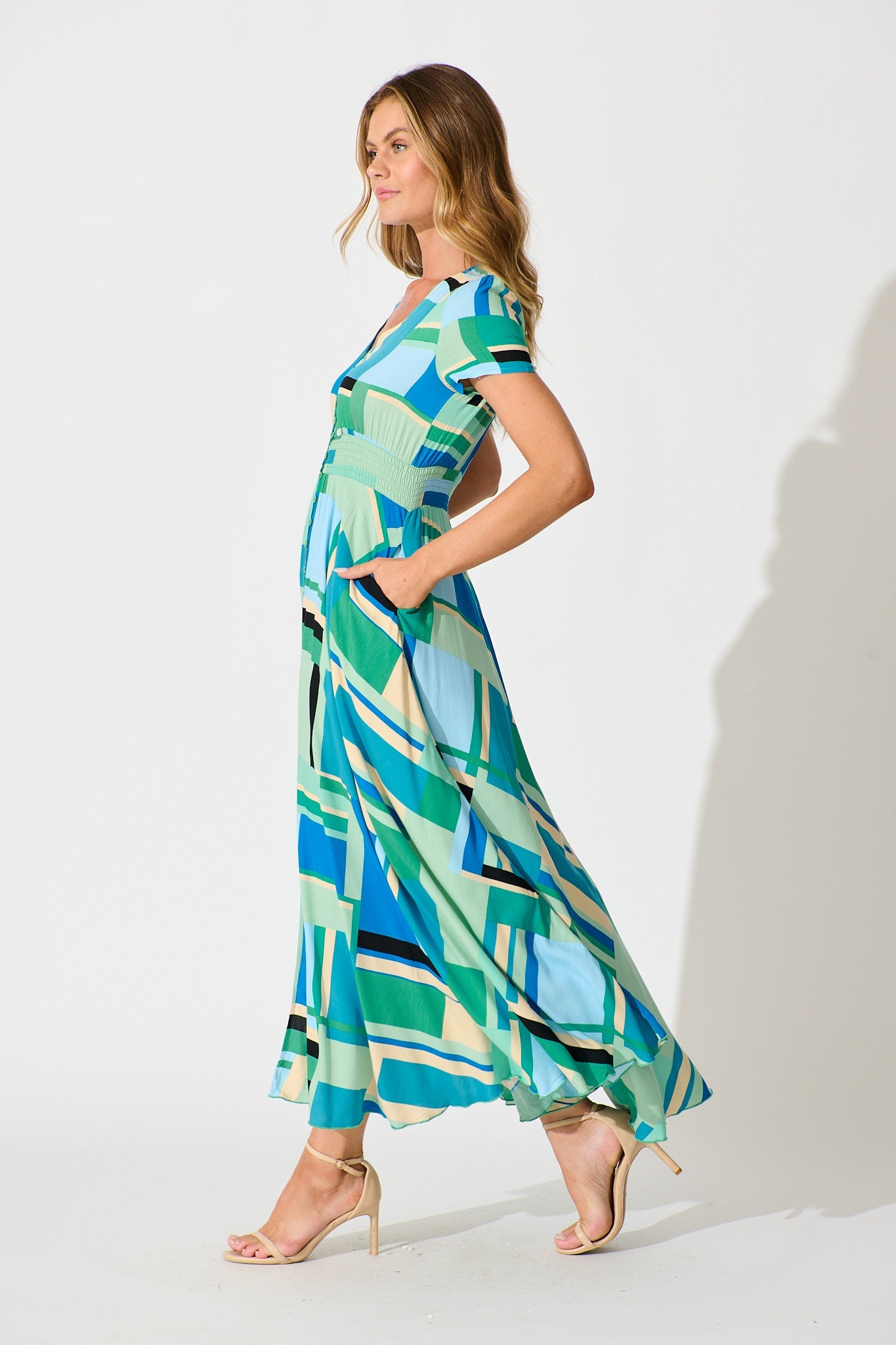 Mylee Maxi Dress in Blue with Green Geometric