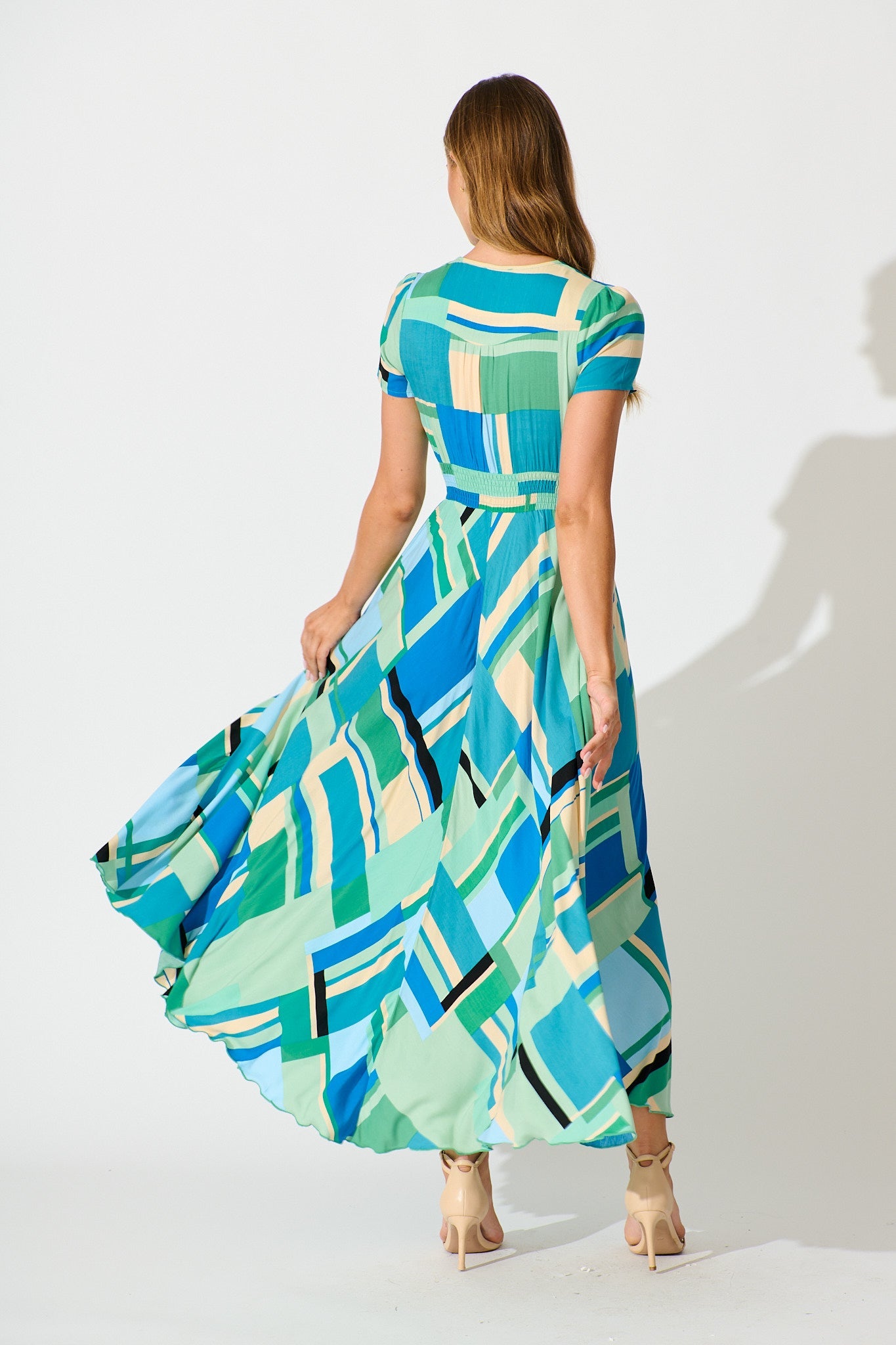 Mylee Maxi Dress in Blue with Green Geometric