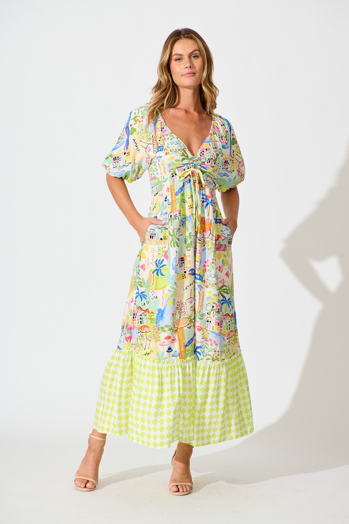 Coverdale Maxi Dress in White With Bright Multi Border Print