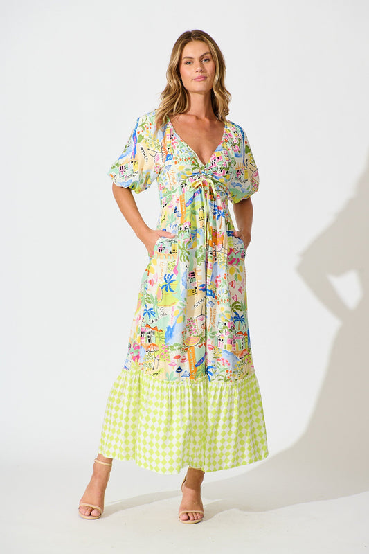 Coverdale Maxi Dress in White With Bright Multi Border Print