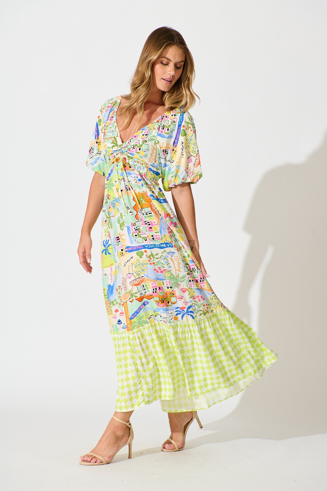 Coverdale Maxi Dress in White With Bright Multi Border Print