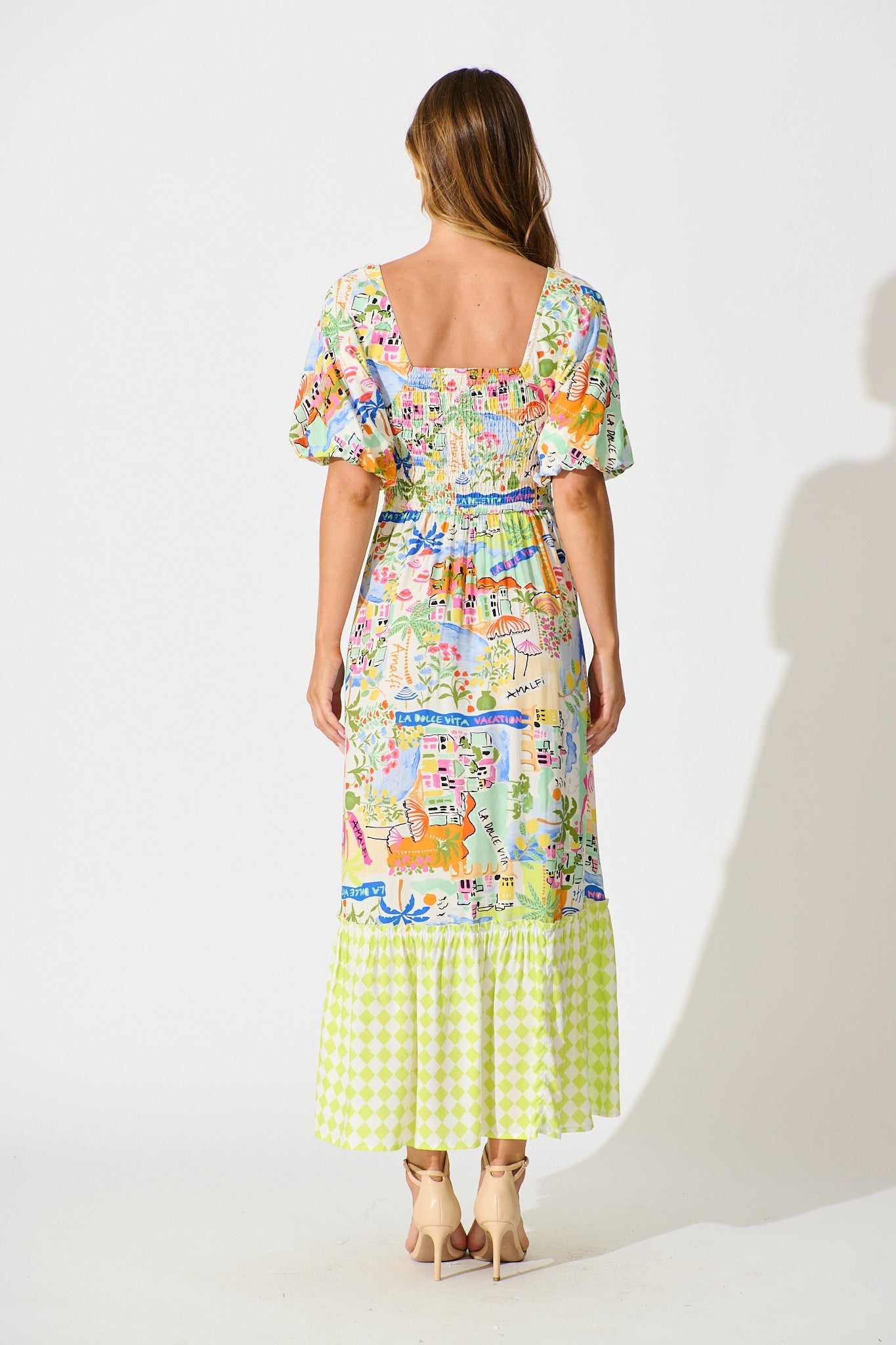 Coverdale Maxi Dress in White With Bright Multi Border Print