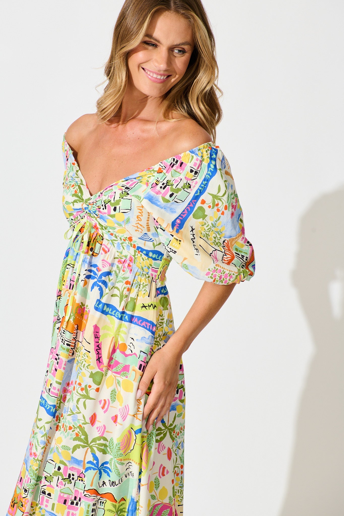 Coverdale Maxi Dress in White With Bright Multi Border Print