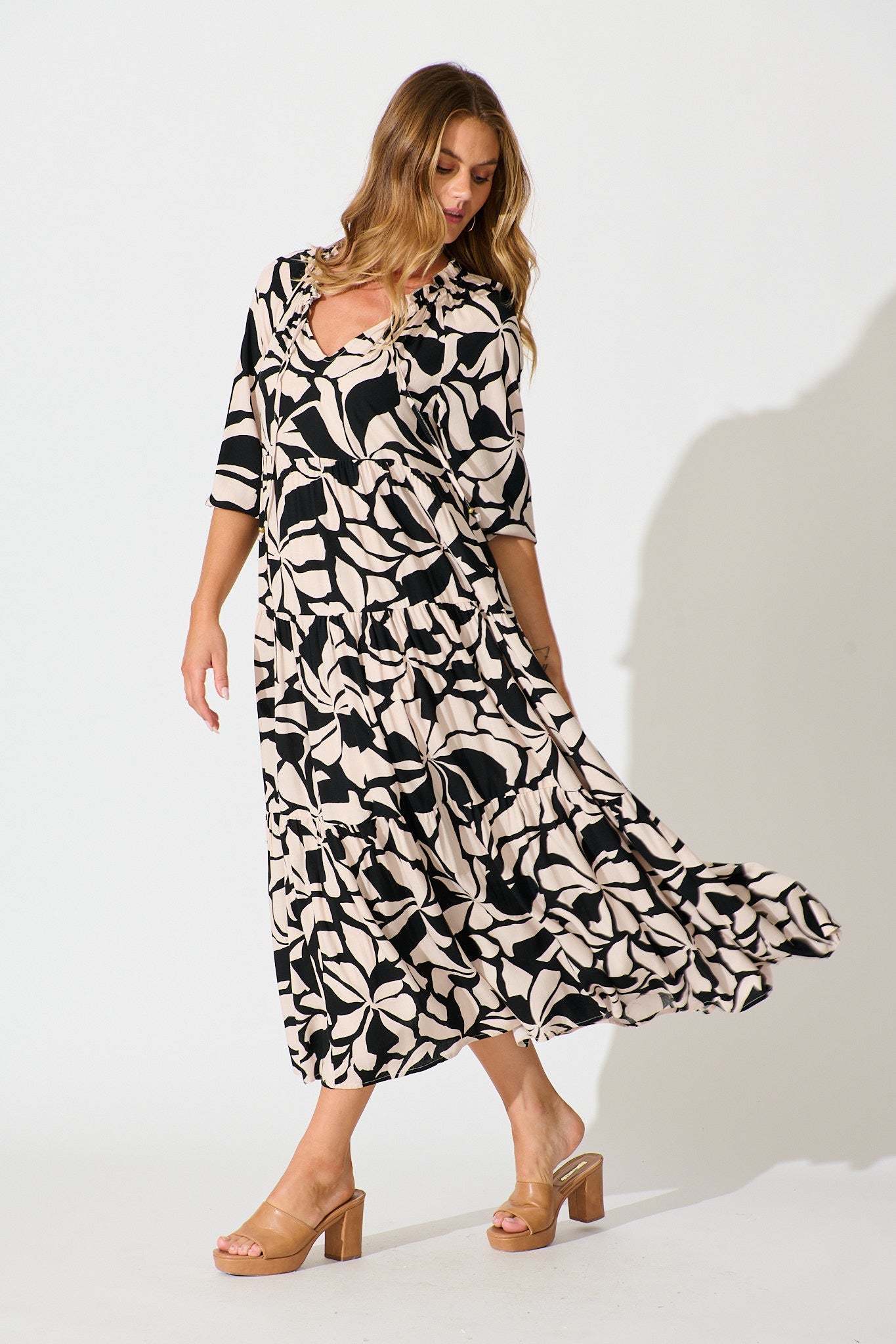 Brooke Maxi Smock Dress in Black and Cream Print