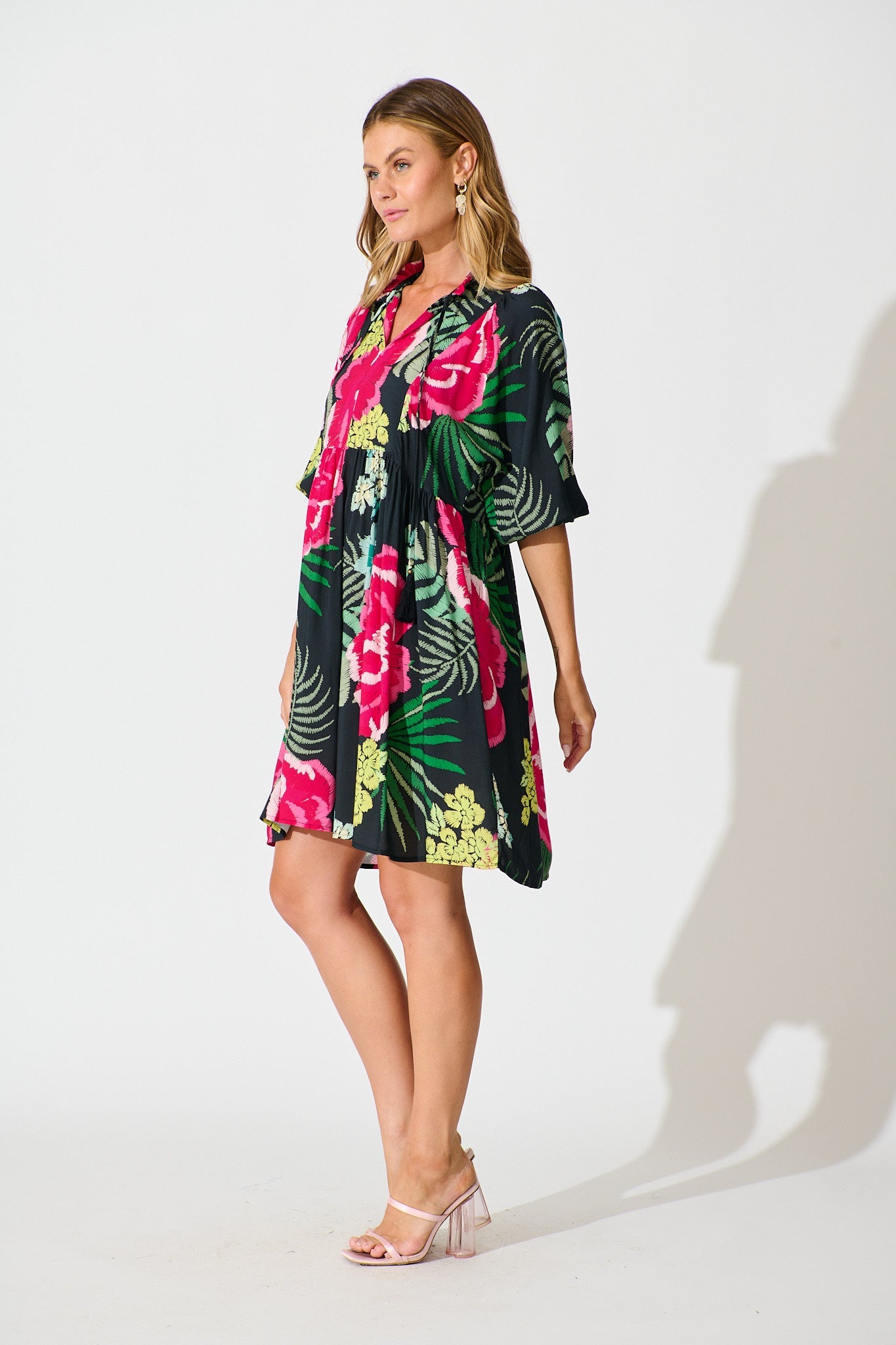 Darcie Smock Dress In Black with Pink Floral