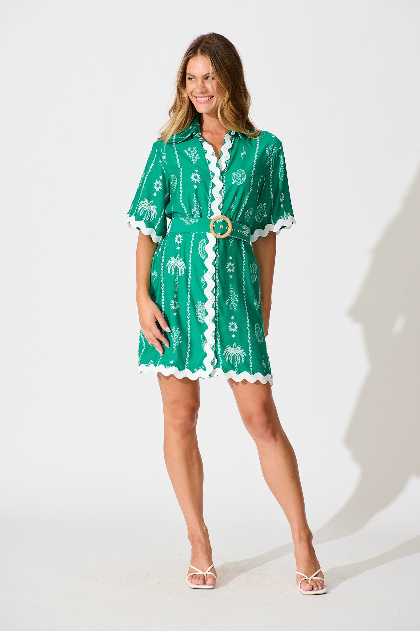Maroa Shirt Dress in Green Print with Ric Rac Trim