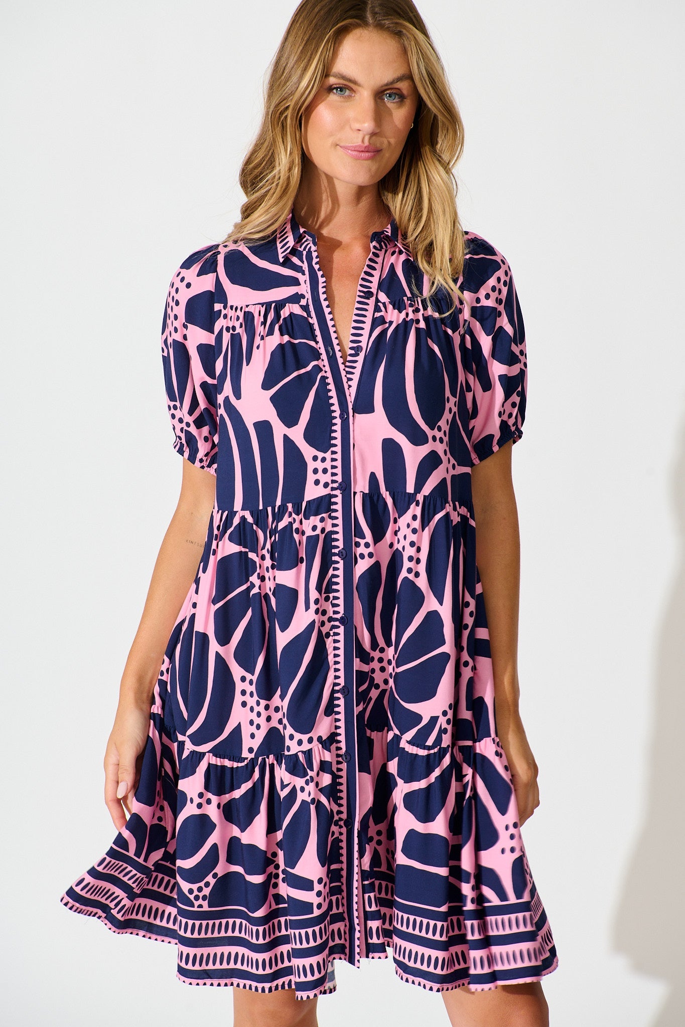 Felicia Shirt Dress In Pink And Navy Floral